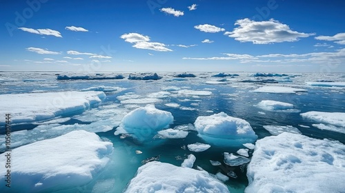 A vast expanse of ice floes drift on a calm, blue sea under a clear, bright sky. photo