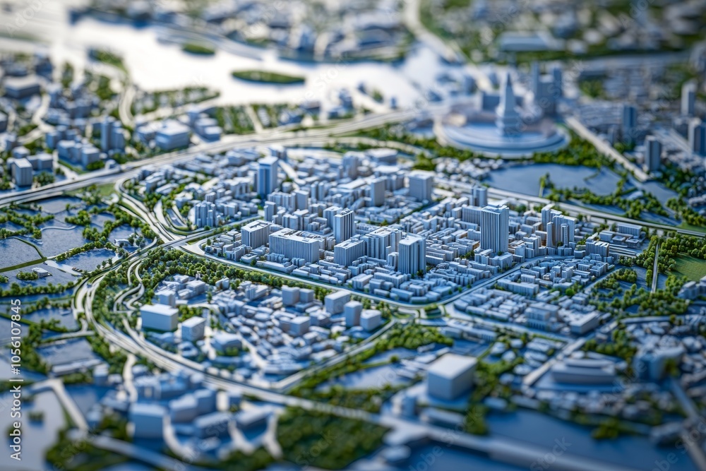 Detailed urban planning blueprint featuring city zoning, transportation routes, and green spaces Detailed urban planning blueprint featuring city zoning, transportation routes, and green spaces
