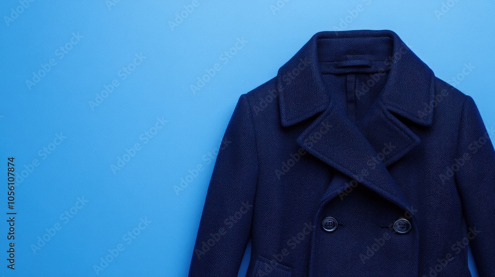 Stylish Navy Blue Coat on Vibrant Blue Background Stylish Navy Blue Coat on Vibrant Blue Background