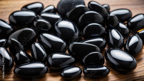 Close-up shot of apache tears stones. The unique, natural shine of these black gemstones adds a powerful, protective energy, perfect for metaphysical or meditation visuals. photo