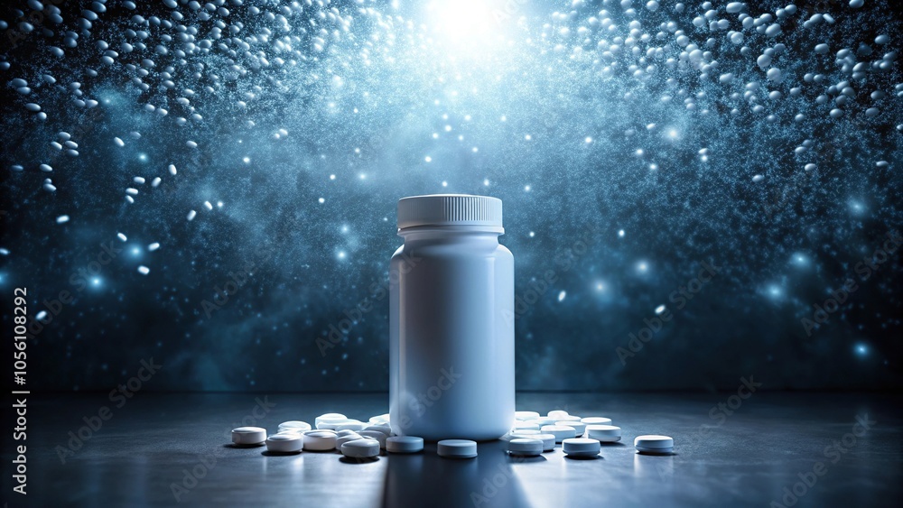 white pill bottle and scattered pill against a dark particle lit background Silhouette white pill bottle and scattered pill against a dark particle lit background Silhouette