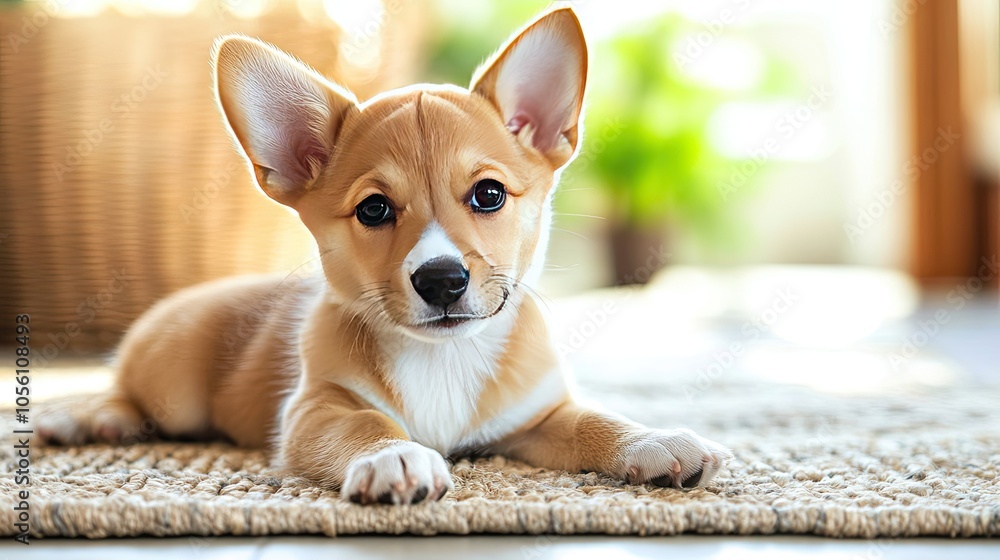 Adorable Corgi Puppy Relaxing on Cozy Rug Adorable Corgi Puppy Relaxing on Cozy Rug