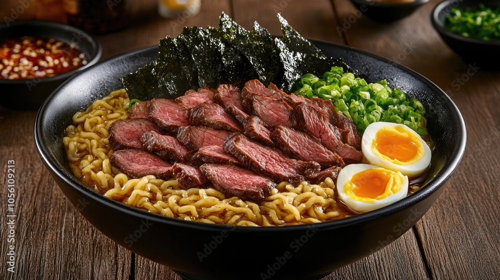Delicious Ramen Bowl with Steak and Toppings Delicious Ramen Bowl with Steak and Toppings