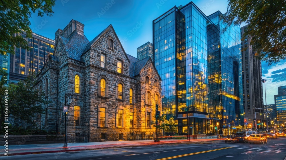 Elegant historic stone building next to modern glass skyscrapers, blending old and new architecture, framed by vibrant city lights and evening glow. Elegant historic stone building next to modern glass skyscrapers, blending old and new architecture, framed by vibrant city lights and evening glow.