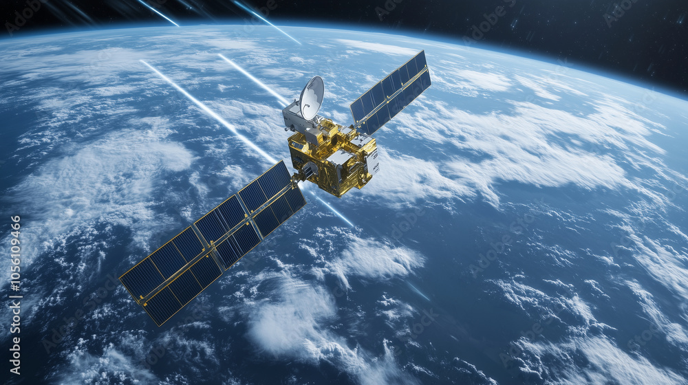 A satellite, set against the vastness of space, orbits Earth while beams of light represent the transfer of digital data between continents, showcasing the technology driving globa A satellite, set against the vastness of space, orbits Earth while beams of light represent the transfer of digital data between continents, showcasing the technology driving globa