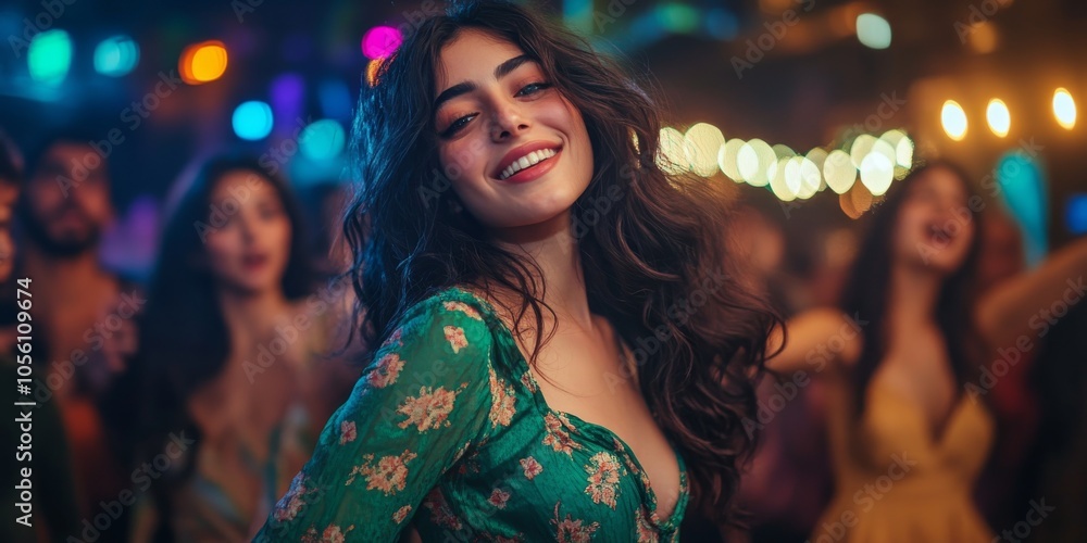 happy new year, A glamorous new year eve party scene where a happy woman is dancing in a glittering cocktail dress with friends, surrounded by New Year decorations and colorful confetti happy new year, A glamorous new year eve party scene where a happy woman is dancing in a glittering cocktail dress with friends, surrounded by New Year decorations and colorful confetti