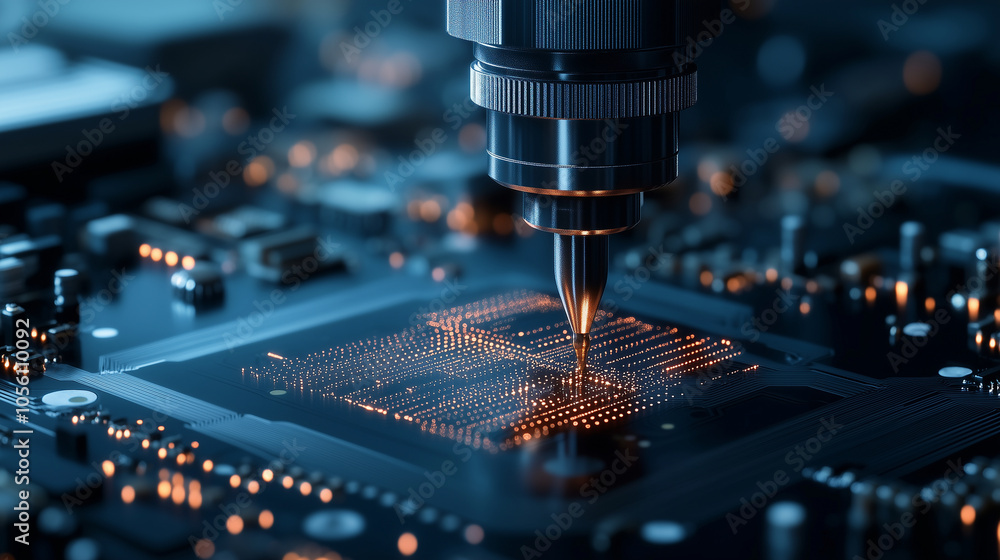 A close-up of a semiconductor wafer being processed by laser etching machinery, with intricate details of the manufacturing equipment reflecting the advanced technology involved. A close-up of a semiconductor wafer being processed by laser etching machinery, with intricate details of the manufacturing equipment reflecting the advanced technology involved.