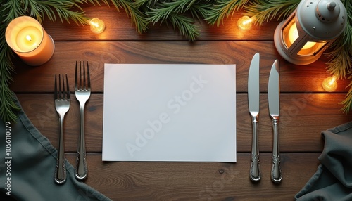 Blank space in the center bordered by twinkling lanterns, silver-plated forks, and formal anniversary invitations photo