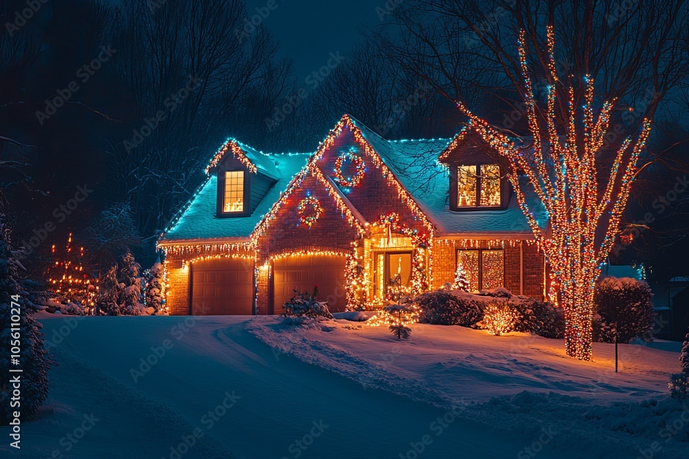 Charming winter scene of a suburban home dazzling with festive christmas lights at night Charming winter scene of a suburban home dazzling with festive christmas lights at night