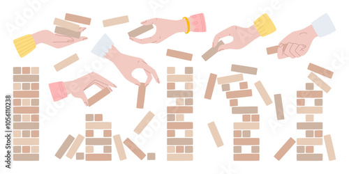 Wooden tower jenga table game set with human hands building construction with brick elements