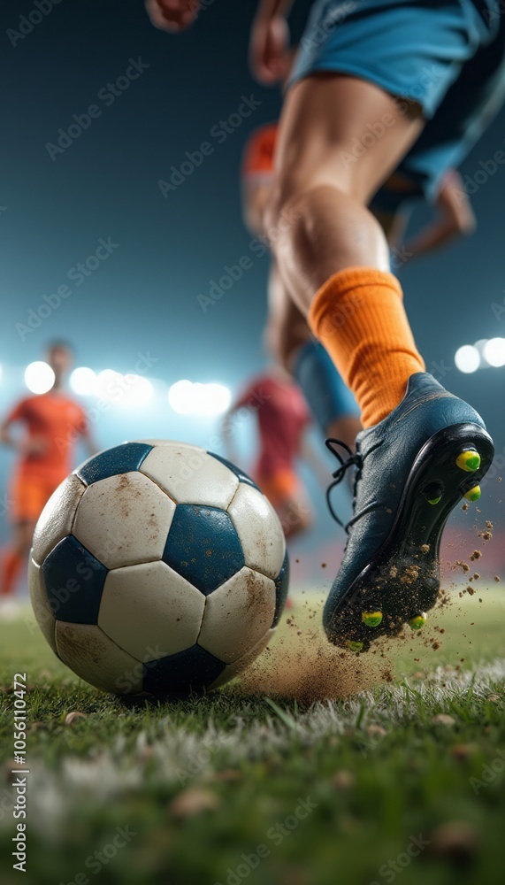 A soccer player in motion about to kick a ball on a grass field during a nighttime match. The stadium lights and energetic atmosphere capture the intensity of the sport. A soccer player in motion about to kick a ball on a grass field during a nighttime match. The stadium lights and energetic atmosphere capture the intensity of the sport.
