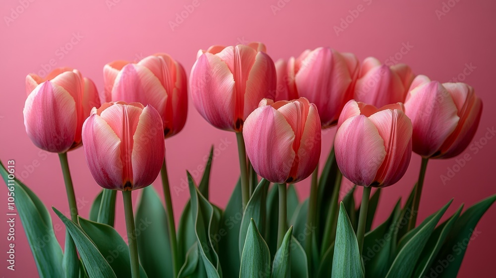 Fototapeta premium Bouquet of pink tulips flowers on pastel pink background.