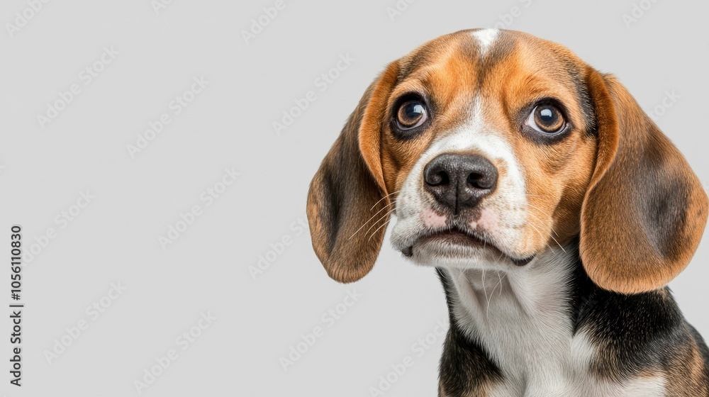 Adorable Beagle Dog with Big Eyes on Gray Background Adorable Beagle Dog with Big Eyes on Gray Background