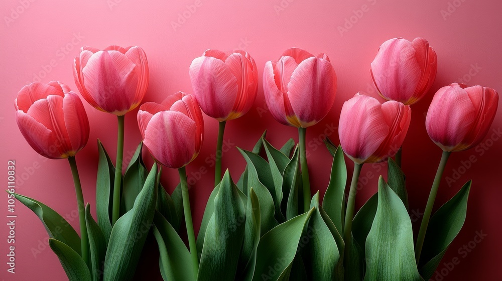 Fototapeta premium Bouquet of pink tulips flowers on pastel pink background. 