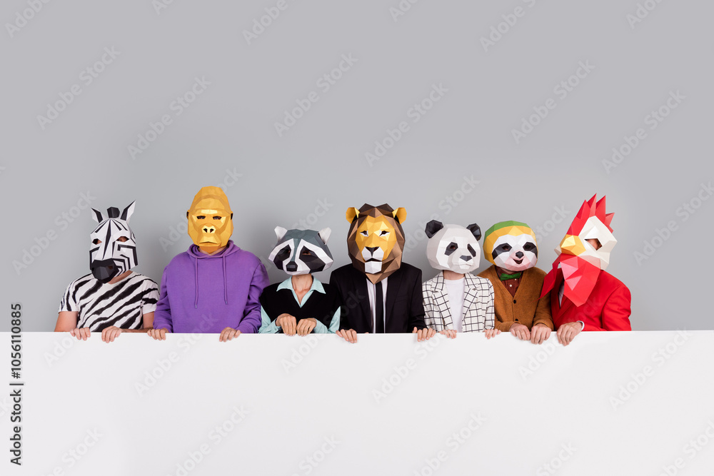 Full size photo of zebra gorilla raccoon lion panda sloth rooster mask people empty space banner isolated on grey color background Full size photo of zebra gorilla raccoon lion panda sloth rooster mask people empty space banner isolated on grey color background