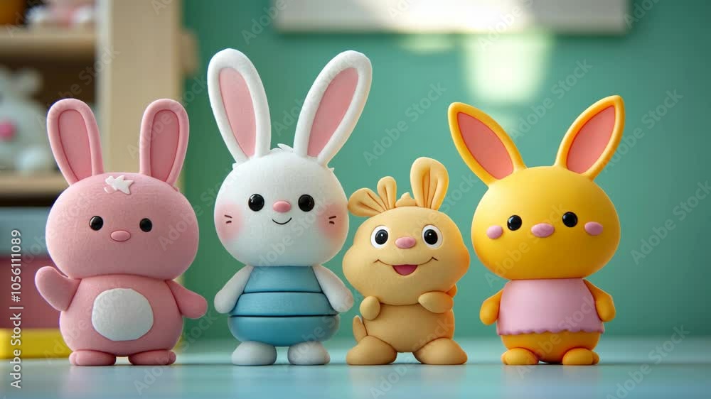 Four adorable bunny figurines stand in a row on a blue surface Four adorable bunny figurines stand in a row on a blue surface