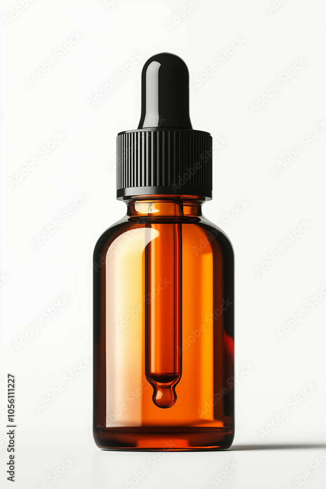 Bottle of face serum with dropper on a white background, orange bottle, product photography, studio lighting. Bottle of face serum with dropper on a white background, orange bottle, product photography, studio lighting.