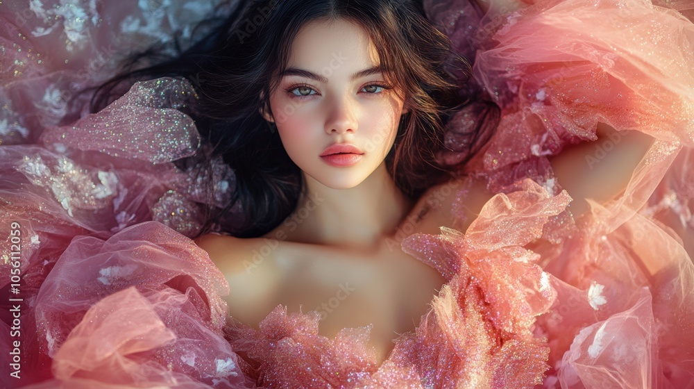 stunningly beautiful woman in a gorgeous chiffon pink dress with glitter. magnificent close up portrait beautiful woman in luxurious fabrics. copy space stunningly beautiful woman in a gorgeous chiffon pink dress with glitter. magnificent close up portrait beautiful woman in luxurious fabrics. copy space