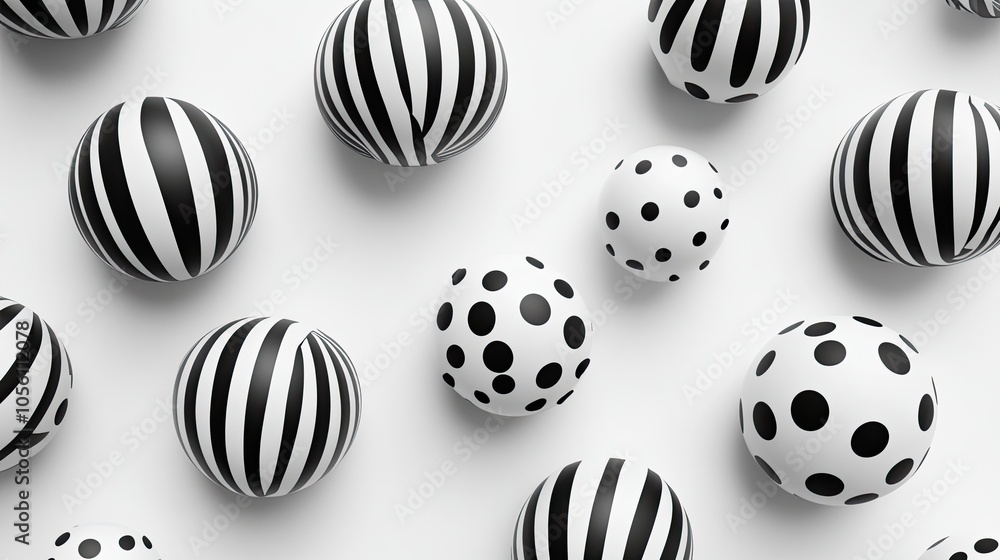 Black and White Patterned Balls on White Background Black and White Patterned Balls on White Background