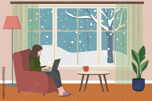 A woman with a laptop sits in a chair in a cozy room in winter, snow falls outside the window. Living room with a coffee table, a lamp, flower, a cup of coffee, a large window with a winter landscap.