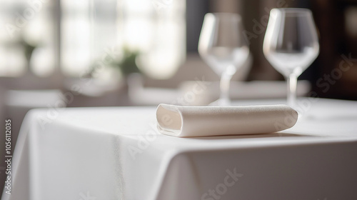 A close-up of the smooth, white surface of an elegant tablecloth with minimal folds, set against a simple background. The focus is on the texture and quality of the fabric, highlig photo