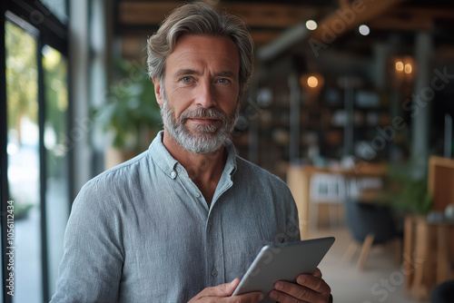 A logistics manager, casually dressed, holding a tablet and checking inventory in a warehouse, focused expression, bright light from windows behind and space for text on the right