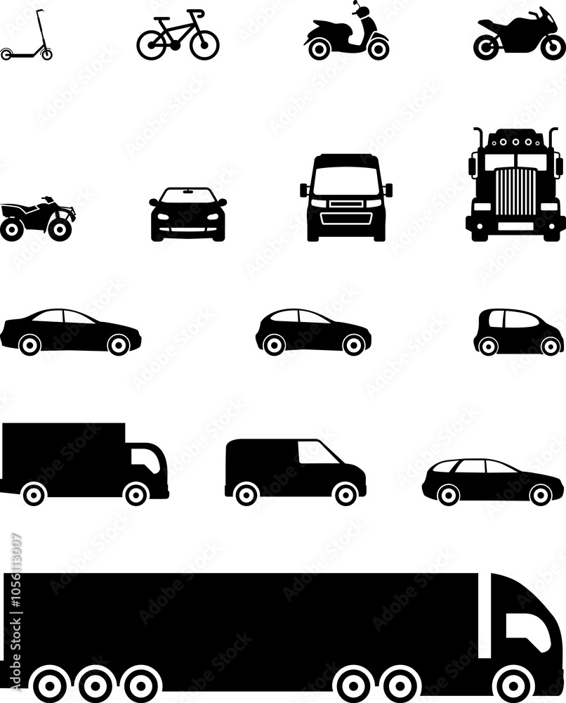 Car icon. Scooter, car, van, truck and other vehicles collection. Transport icons. Automobile silhouette. Front and side view car symbol. Sharing or delivery icons for apps and websites vector Car icon. Scooter, car, van, truck and other vehicles collection. Transport icons. Automobile silhouette. Front and side view car symbol. Sharing or delivery icons for apps and websites vector