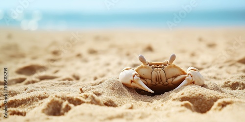 A sand crab partially buried in the sand on a sunny spring day photo