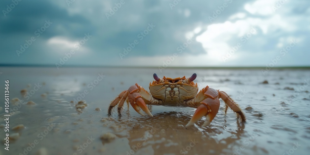A sand crab scuttling along a wet, windswept beach in autumn A sand crab scuttling along a wet, windswept beach in autumn