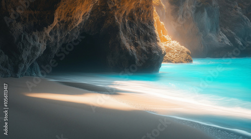 Fototapeta Naklejka Na Ścianę i Meble -  Photograph of a cave on the beach with turquoise water in Crete, Greece