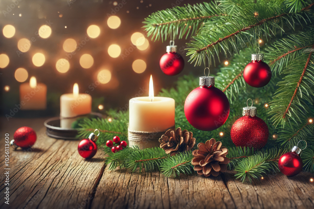 Classic Christmas Scene with Red Ornaments, Candle, and Pine Branches on Rustic Wooden Table, Creating a Cozy Holiday Ambience Classic Christmas Scene with Red Ornaments, Candle, and Pine Branches on Rustic Wooden Table, Creating a Cozy Holiday Ambience