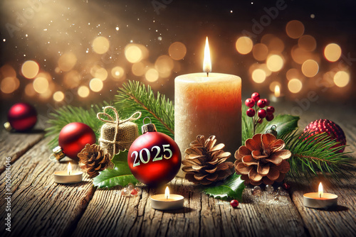 Festive Christmas Candle Arrangement with 2025 Ornament, Pinecones, and Red Baubles on Rustic Wooden Surface