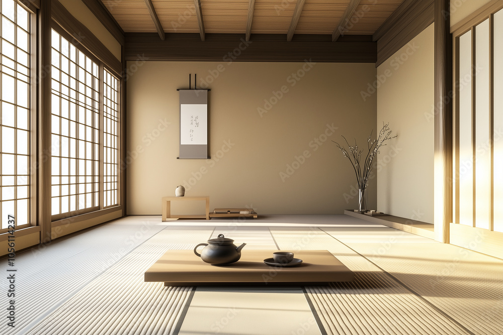 Traditional tea ceremony set in a Japanese-style room, with tatami mats and a low table. Generative AI Traditional tea ceremony set in a Japanese-style room, with tatami mats and a low table. Generative AI