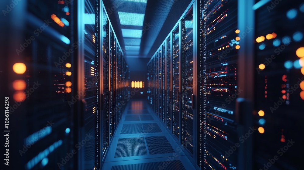 Fototapeta premium Modern server room with glowing lights in a data center corridor