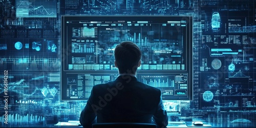 The businessman uses computer software to analyze data and manage information. This helps him make decisions about finances, operations, and sales, all based on the information collected.