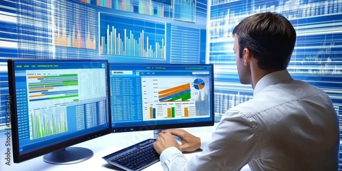 The businessman uses computer software to analyze data and manage information. This helps him make decisions about finances, operations, and sales, all based on the information collected.