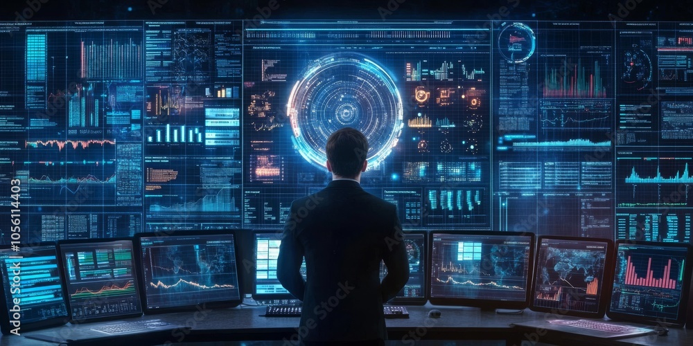 The businessman uses computer software to analyze data and manage information. This helps him make decisions about finances, operations, and sales, all based on the information collected. The businessman uses computer software to analyze data and manage information. This helps him make decisions about finances, operations, and sales, all based on the information collected.