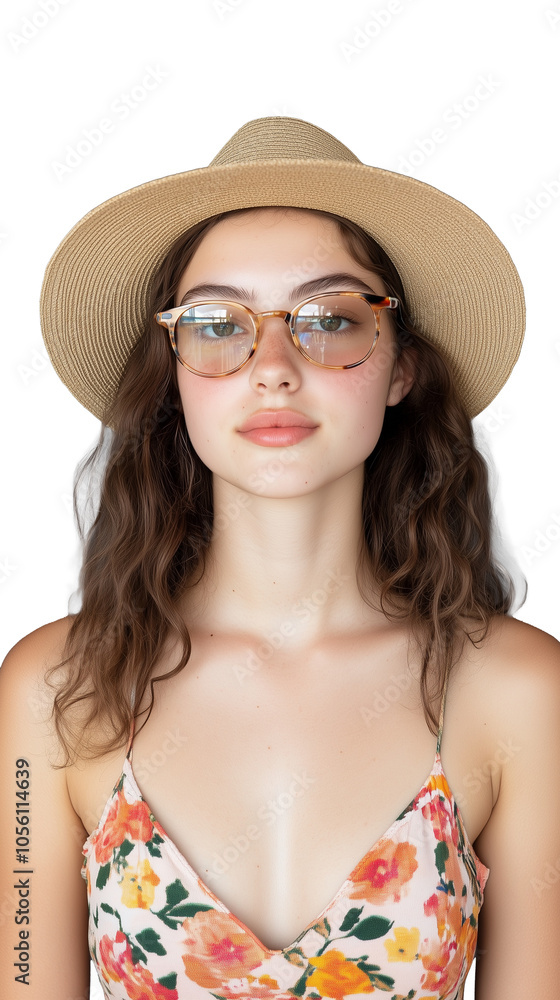 A smiling young woman with wavy brown hair wearing sunglasses and a floral dress, isolated on a transparent background. Ideal for summer fashion and lifestyle projects.