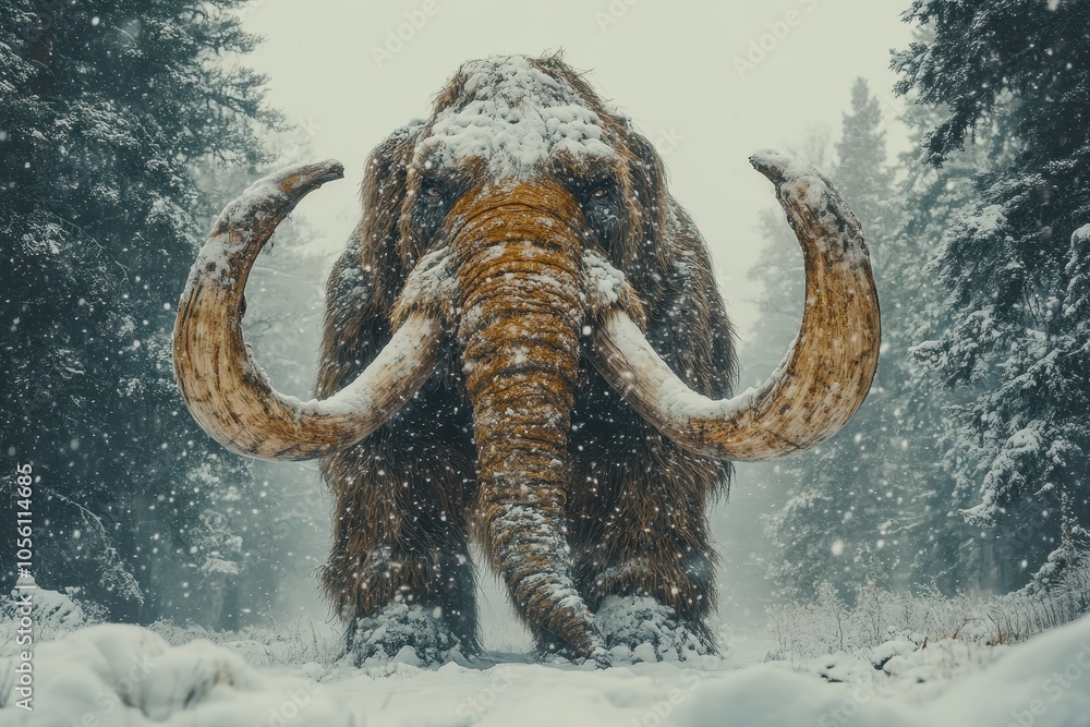 Obraz premium Realistic Photograph of a Mammoth Standing in Snow with Dramatic Lighting and Long Tusks