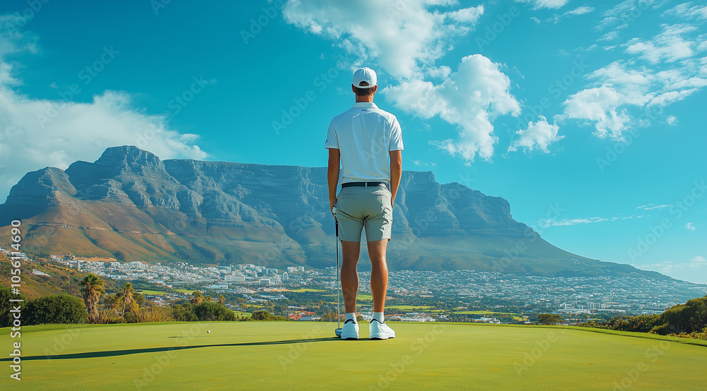Fototapeta premium A young man in shorts and golf shoes stands on the green, overlooking beautiful mountains and blue sky, enjoying his game of golf at a luxury country club in Cape Town.