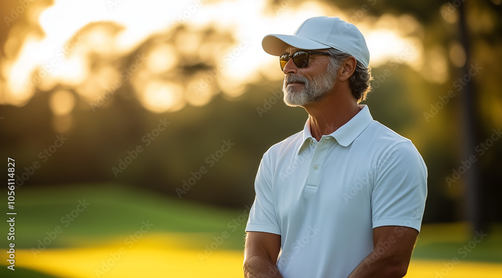 Stylish middle-aged man in a white golf shirt and cap, playing golf, mid-shot, holding a driver club with his right hand while looking towards the horizon on the green grass of a c Stylish middle-aged man in a white golf shirt and cap, playing golf, mid-shot, holding a driver club with his right hand while looking towards the horizon on the green grass of a c