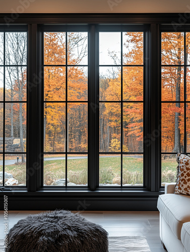 This is a medium-shot photograph featuring a modern-style window with clean lines, with a late autumn landscape visible outside. The interior decoration is simple and contempor photo