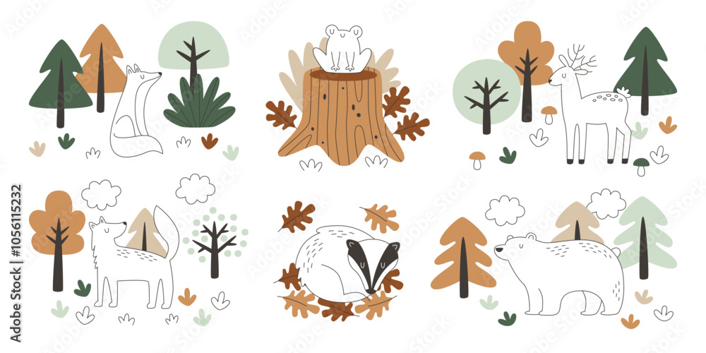 Obraz premium Hand drawn forest animals and plants landscape elements pastel color doodle set vector illustration