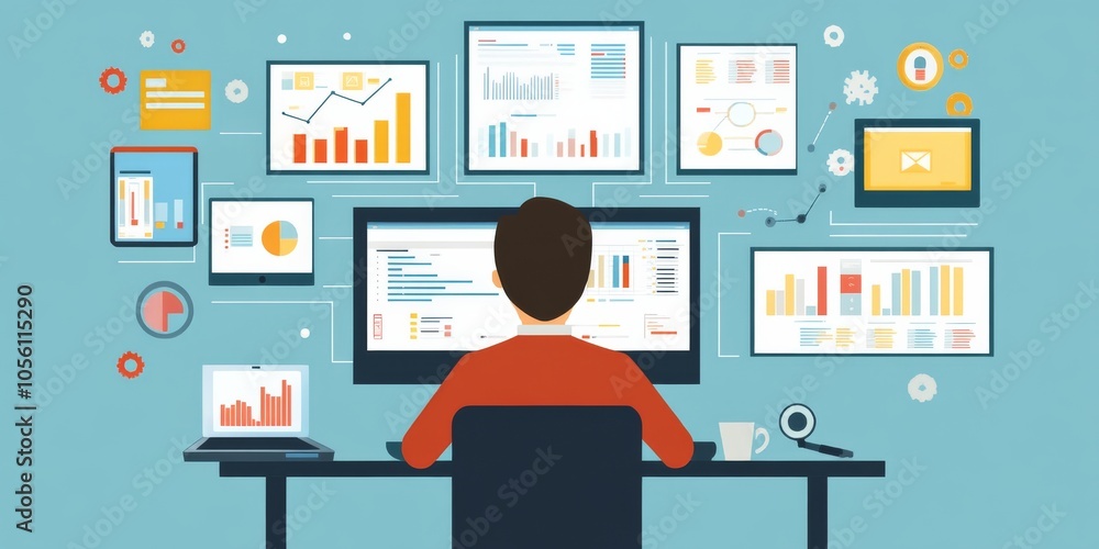 The businessman uses computer software to analyze data and manage information. This helps him make decisions about finances, operations, and sales, all based on the information collected. The businessman uses computer software to analyze data and manage information. This helps him make decisions about finances, operations, and sales, all based on the information collected.