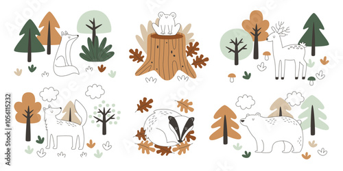 Hand drawn forest animals and plants landscape elements pastel color doodle set vector illustration