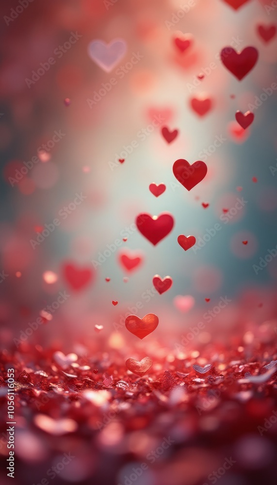 A romantic scene of red hearts floating and falling in the air against a soft blurred background. The image conveys love and affection in a dreamy, vibrant setting. A romantic scene of red hearts floating and falling in the air against a soft blurred background. The image conveys love and affection in a dreamy, vibrant setting.