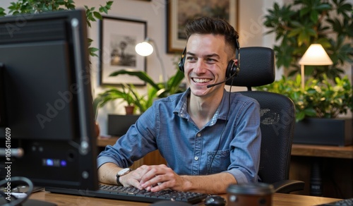 man wearing a headset and smiling while sitting at a desk in front of a computer. On the desk there is a monitor, keyboard, mouse, and other objects. In the background there are houseplants, a lamp,