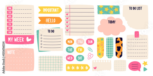 Various paper notes, to-do list templates, memory reminders sheets, diary stickers isolated set