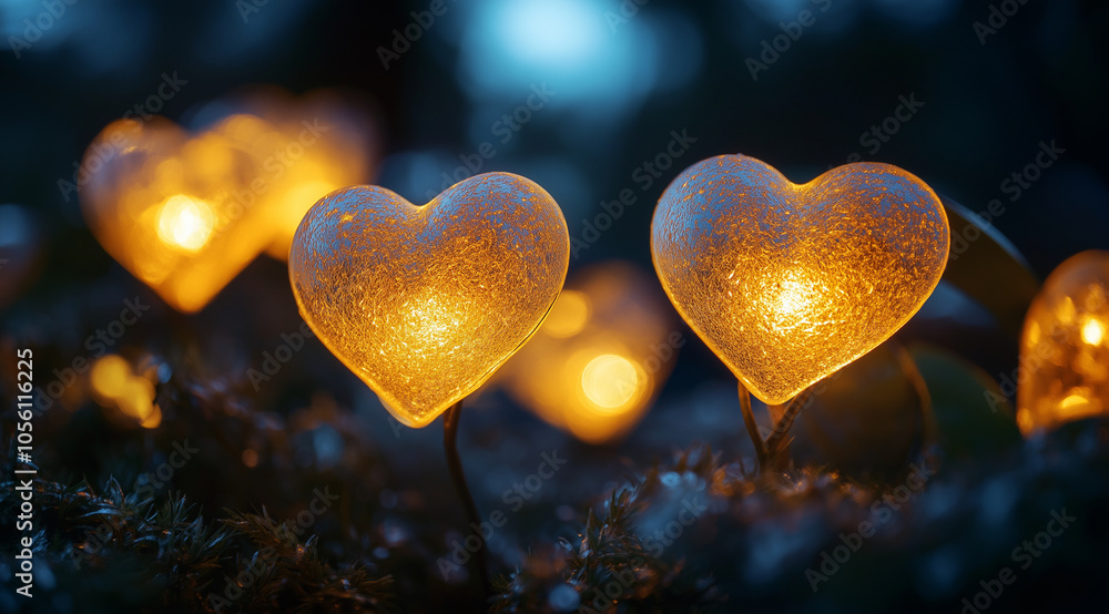 Fototapeta premium A blurry background of golden hearts, each glowing with soft light and casting gentle shadows on the surroundings. Valentine's Day concept.