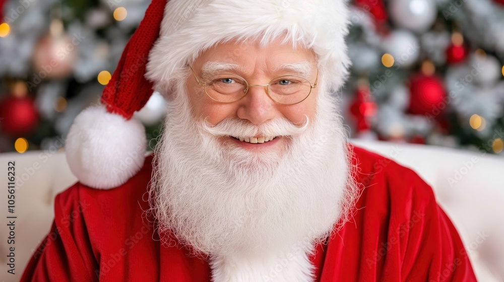 A smiling Santa Claus wearing a red suit on Christmas tree background. A smiling Santa Claus wearing a red suit on Christmas tree background.